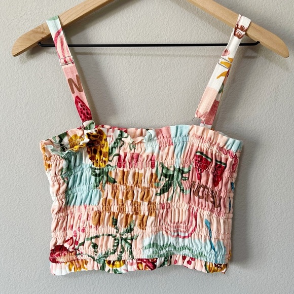 Paper Heart Linen-Blend Colorful Fruit Print Smocked Cropped Tank Top Medium NEW - Picture 4 of 8